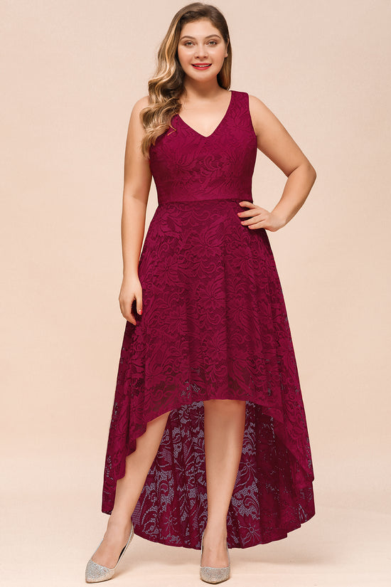 Simple High Low A line V neck Sleeveless Lace Formal Dress