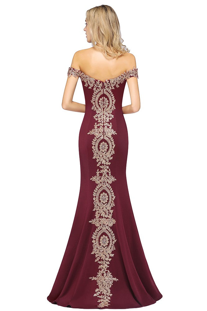 Long Off-the-Shoulder Gold Appliques Mermaid Evening Dress