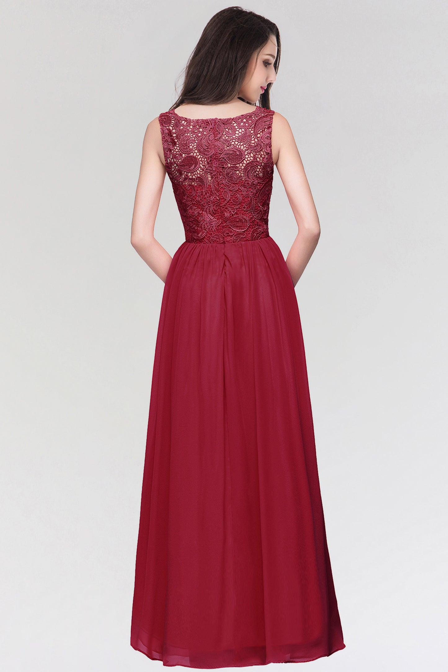 Stylish Long Chiffon Lace Sleeveless A Line Ruched Bridesmaid Dress