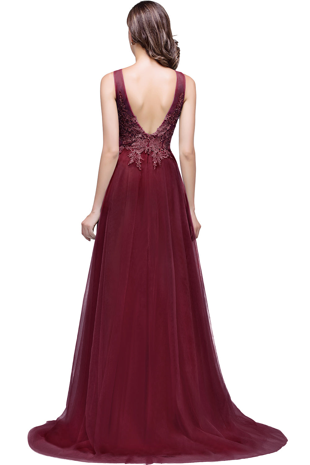 Round Neck Tulle A line Long Sleeveless Lace Appliques Bridesmaid Dress