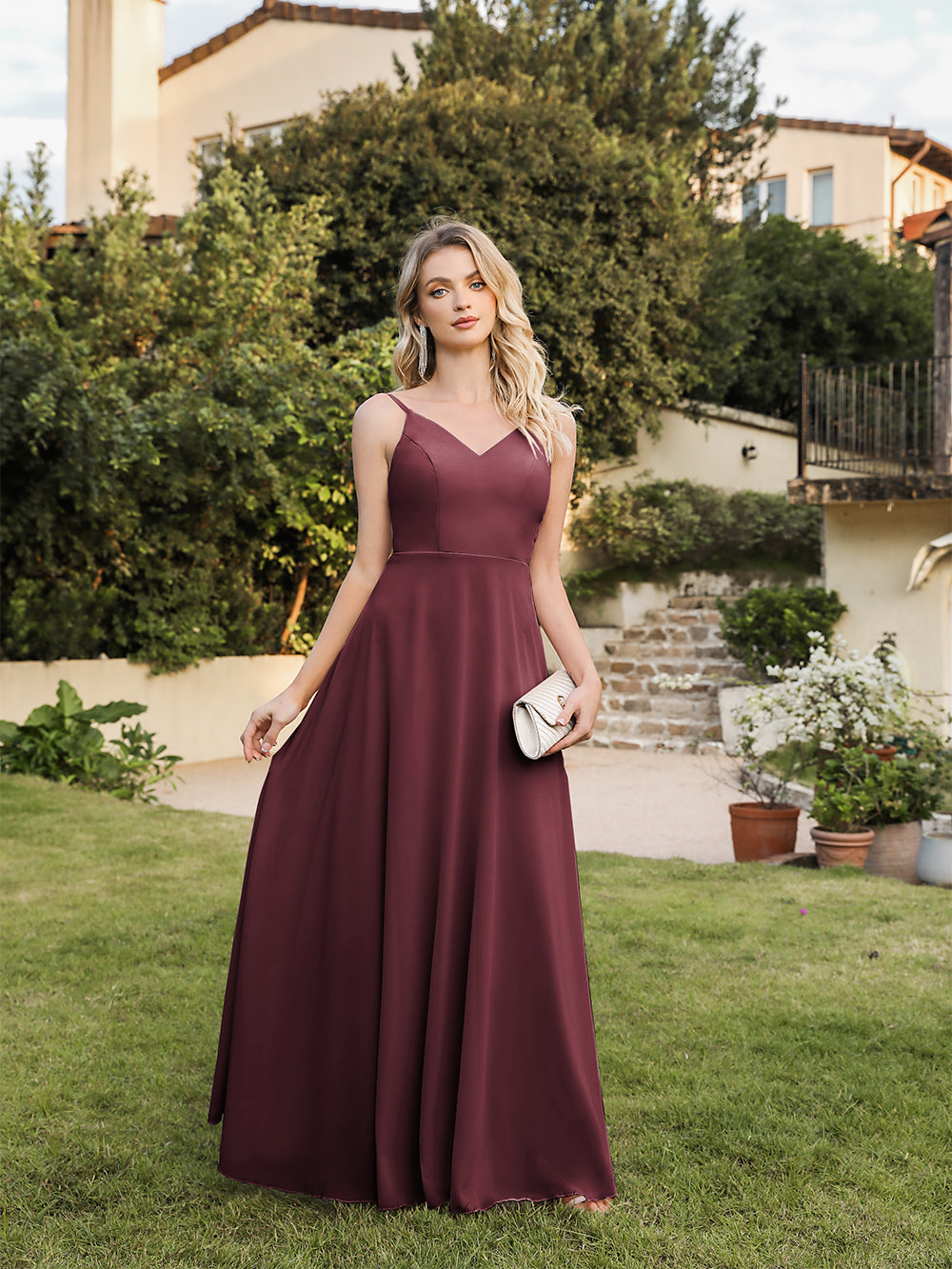 Biztunnel Long A-line V-neck Backless Satin Bridesmaid Dresses