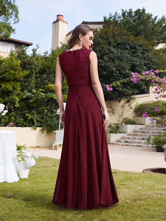 Charming Long A Line Floral Lace Floor Length Sleeveless Chiffon Bridesmaid Dress