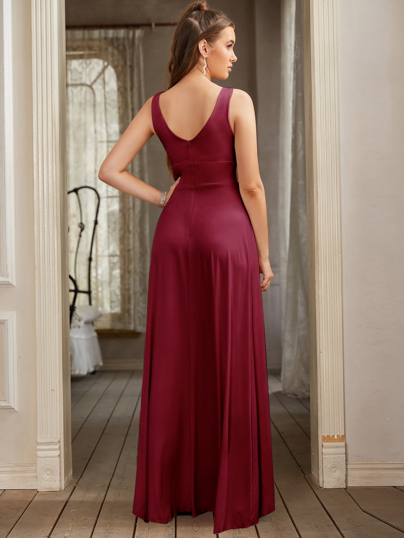 Sexy Long A-line V-Neck Sleeveless Floor Length Formal Dress with Slit