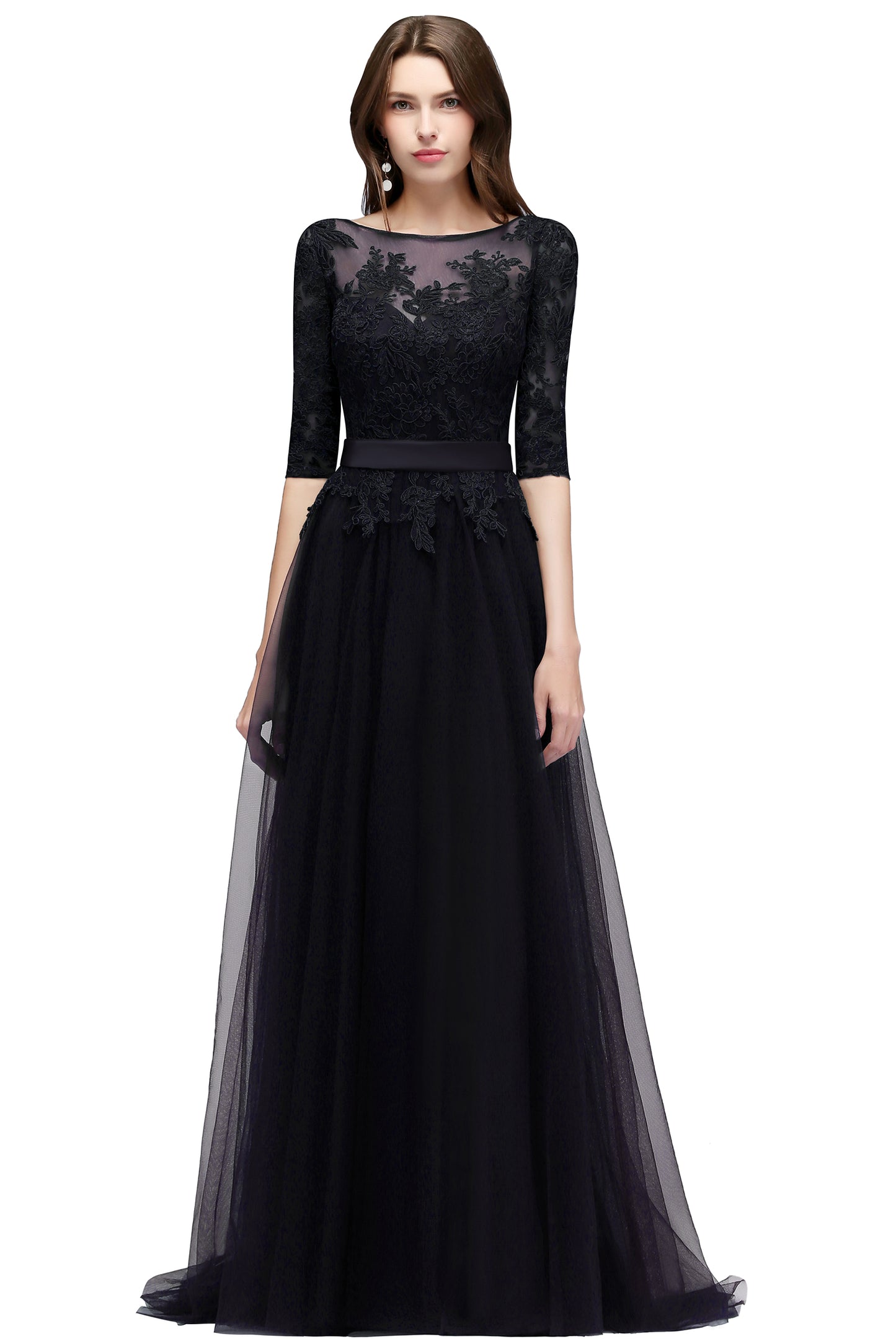 Round Neck Half Sleeves A line Tulle Lace Appliques Long Bridesmaid Dresses