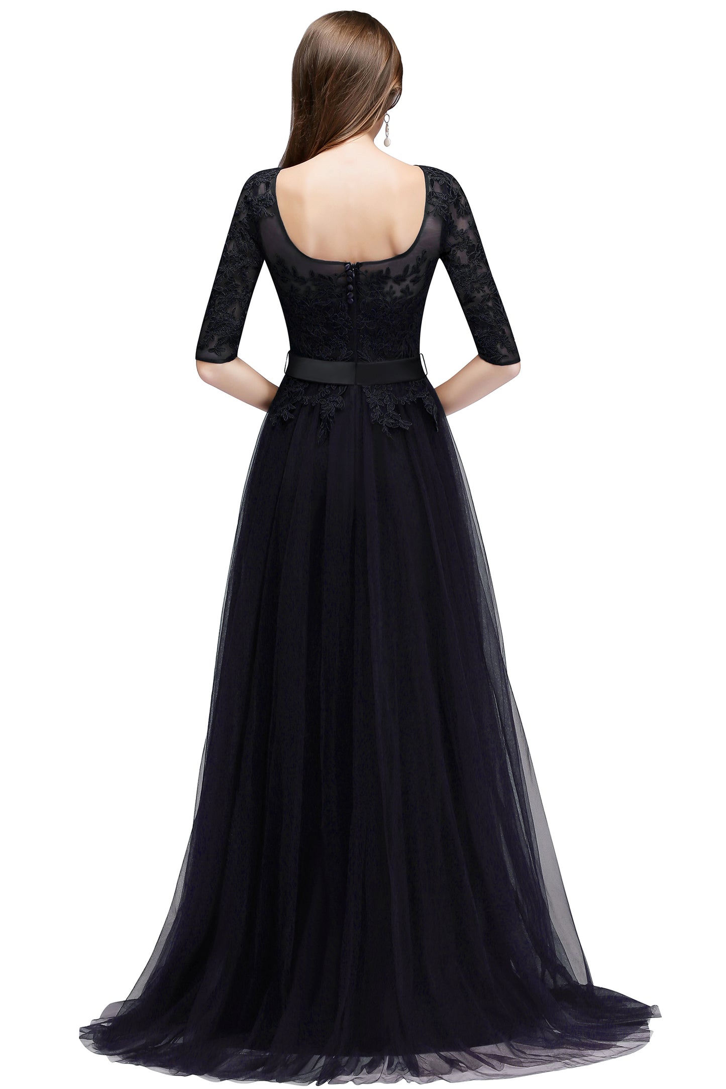 Round Neck Half Sleeves A line Tulle Lace Appliques Long Bridesmaid Dresses