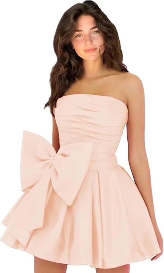 Chic Short Homecoming Dresses A-line Sleeveless Strapless Ruched Lace Up Party Dresses with Bow