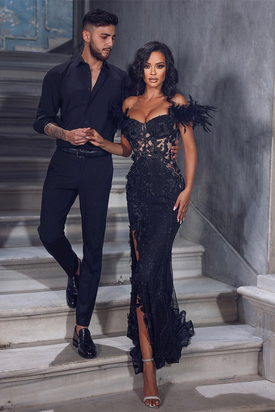 Elegant Black Velvet And Lace High Neck Long Sleeves Side Slit Mermaid Long  Prom Dresses,SFPD0556
