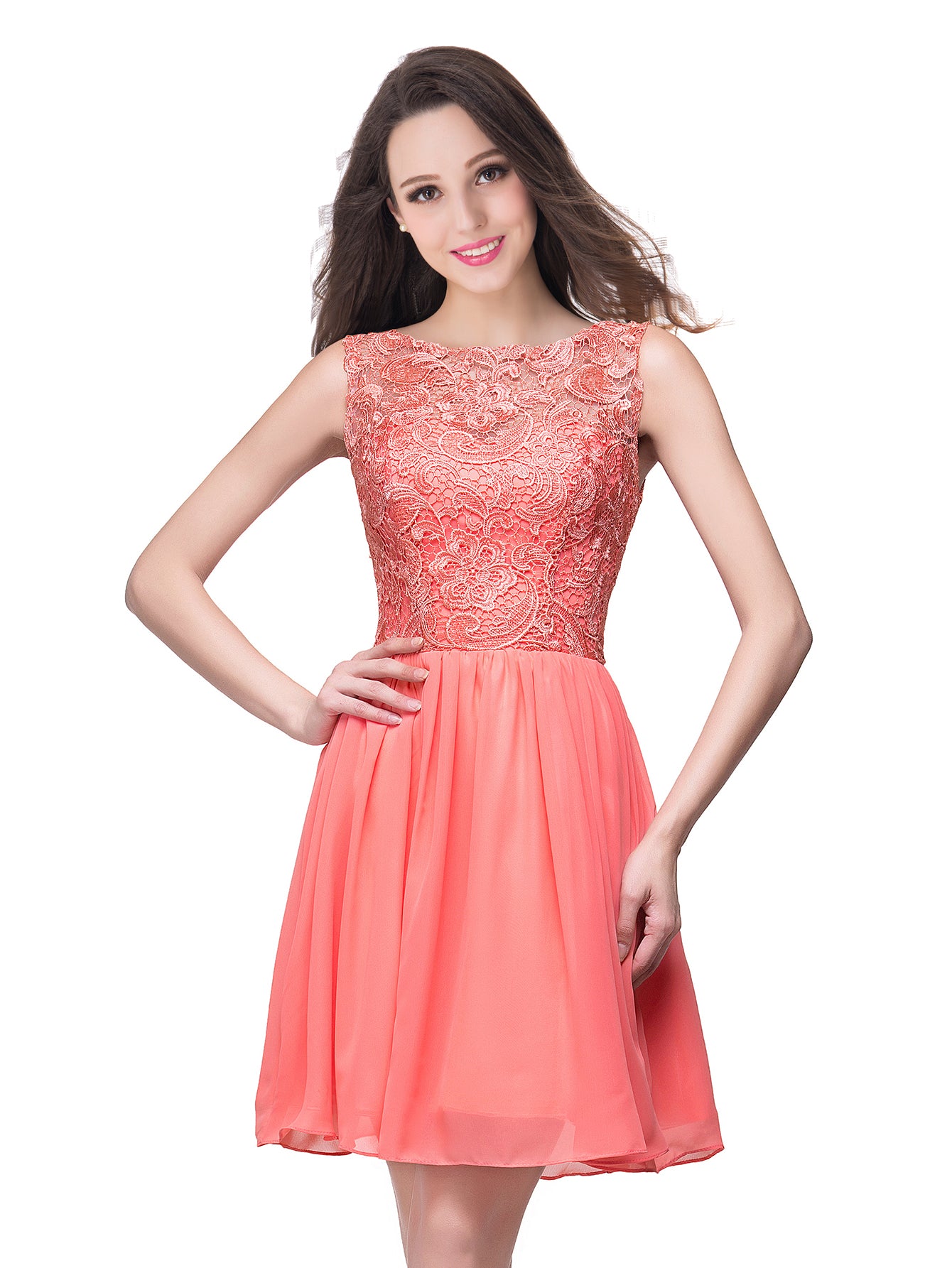 Simple Short A line Lace Sleeveless Chiffon Homecoming Dress