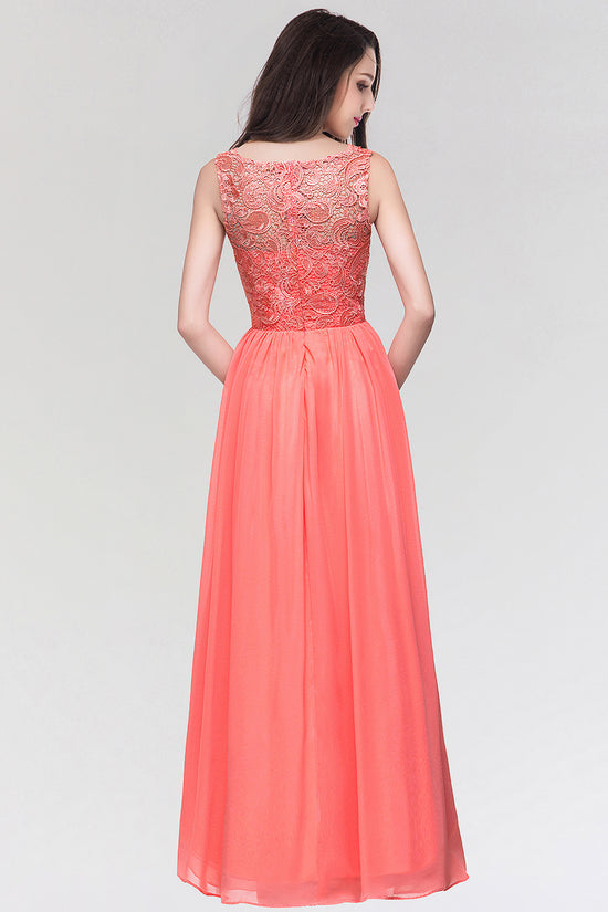 Stylish Long Chiffon Lace Sleeveless A Line Ruched Bridesmaid Dress