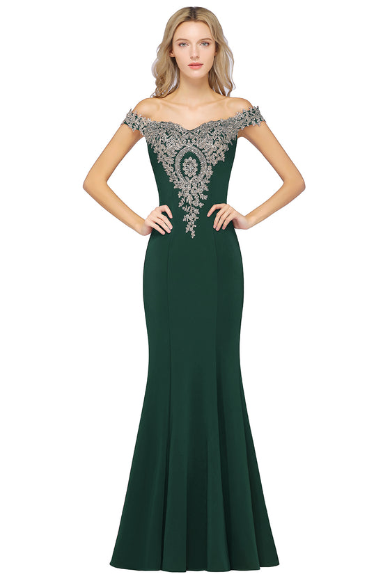 Long Off-the-Shoulder Gold Appliques Floor Length Mermaid Evening Dress