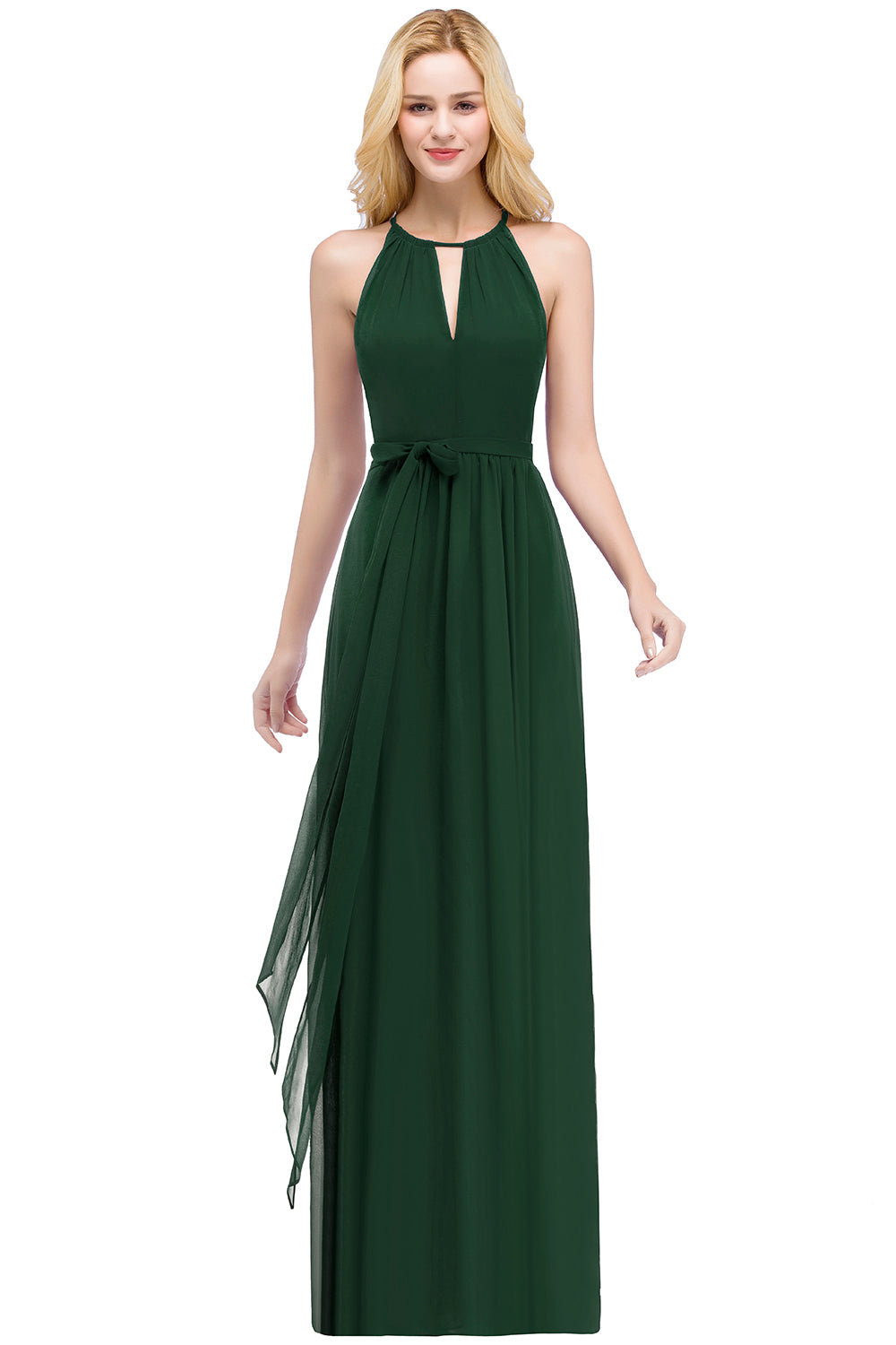 Long A line Halter Ruffle Floor Length Chiffon Bridesmaid Dress