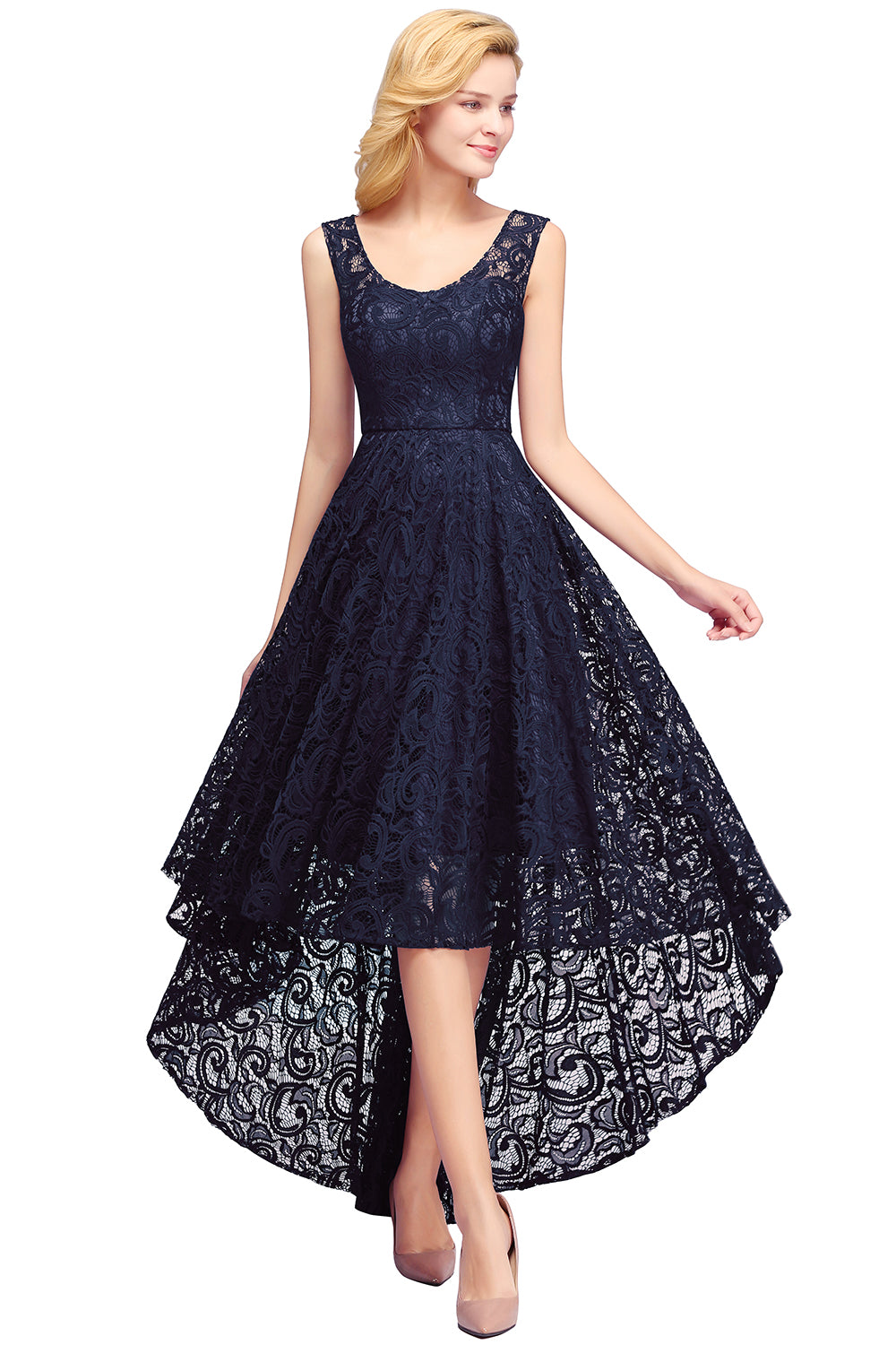 Stylish High Low A line U Neck Sleeveless Lace Formal Dress