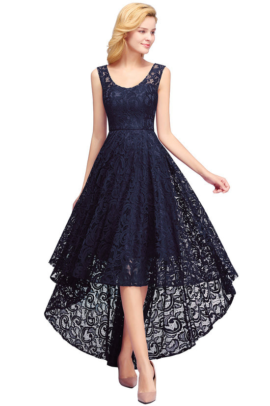 Stylish High Low A line U Neck Sleeveless Lace Formal Dress