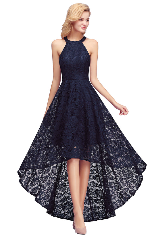 Elegant High Low A Line Halter Lace Evening Formal Dress