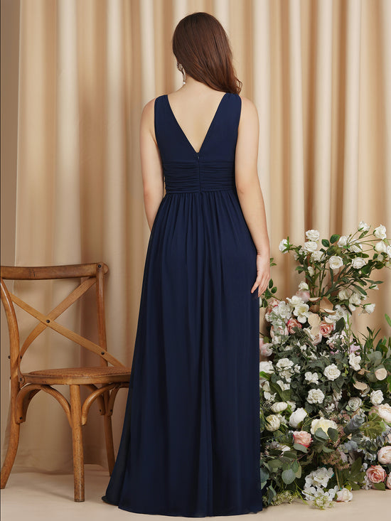 Chiffon V Neck Off The Shoulder Ruffle Floor Length Bridesmaid Dress