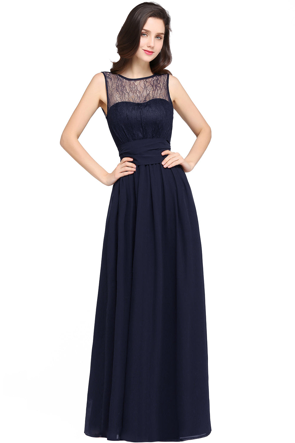 Off The Shoulder Round Neck Chiffon Long Bridesmaid Dress with Floral Lace and Ruffle