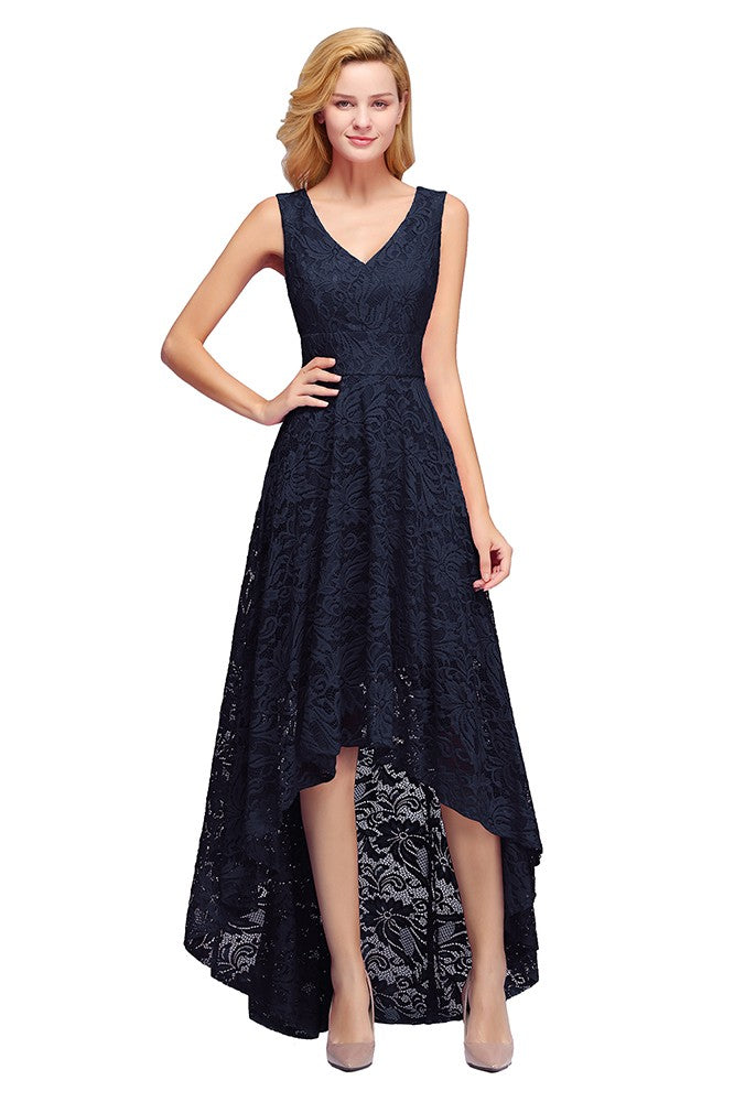 Simple High Low A line V neck Sleeveless Lace Formal Dress