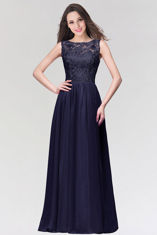 Stylish Long Chiffon Lace Sleeveless A Line Ruched Bridesmaid Dress