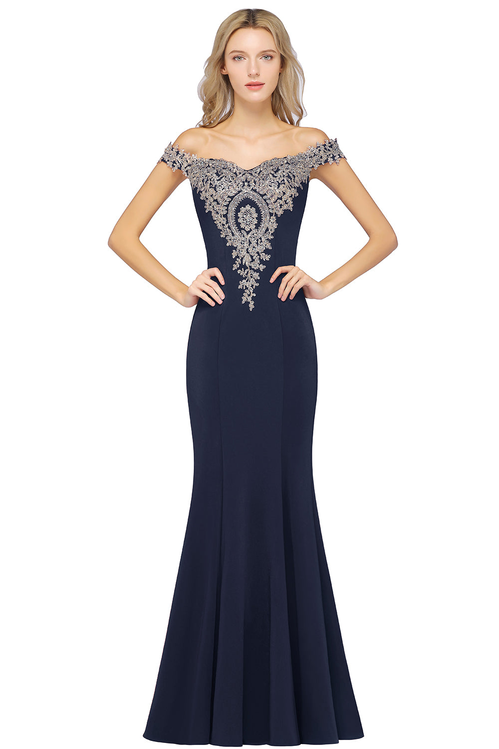 Long Off-the-Shoulder Gold Appliques Floor Length Mermaid Evening Dress