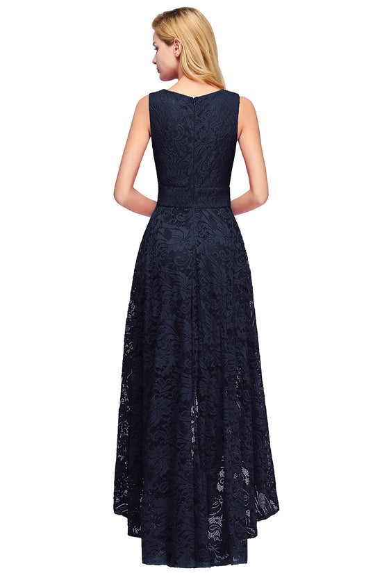 Simple High Low A line V neck Sleeveless Lace Formal Dress