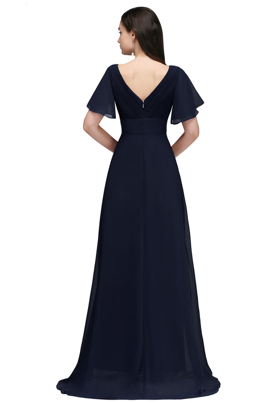 Elegant A Line Poet Sleeves Ruffle Chiffon V-Neck Long Bridesmaid Dress