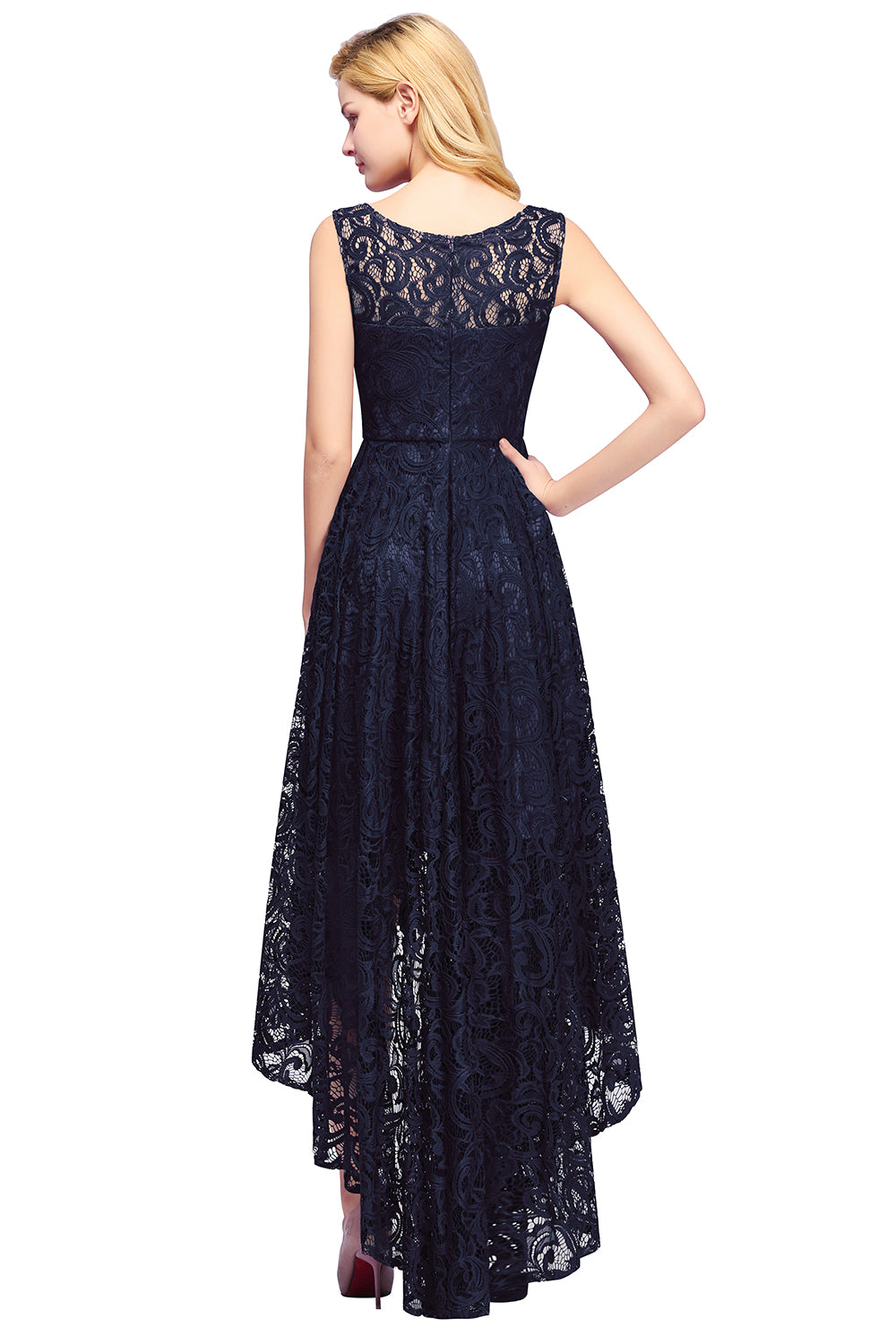 Stylish High Low A line U Neck Sleeveless Lace Formal Dress