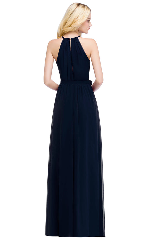 Long A line Halter Ruffle Floor Length Chiffon Bridesmaid Dress