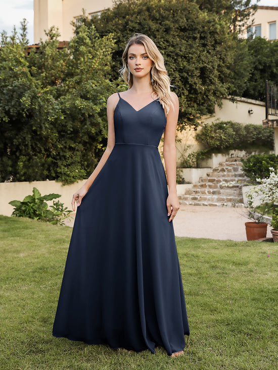 Biztunnel Long A-line V-neck Backless Satin Bridesmaid Dresses