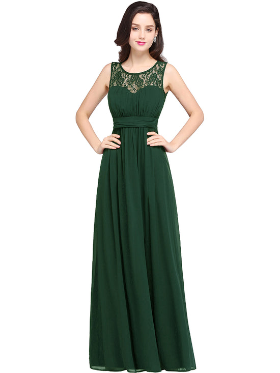 Elegant Long A Line Round Neck Chiffon Floor Length Formal Dresses