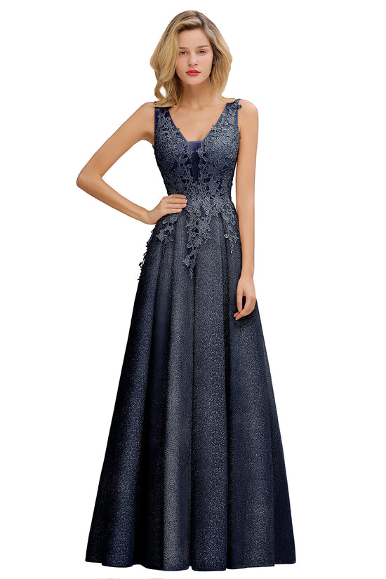 Elegant Long A Line V-Neck Sleeveless Tulle Lace Formal Dress with Appliques