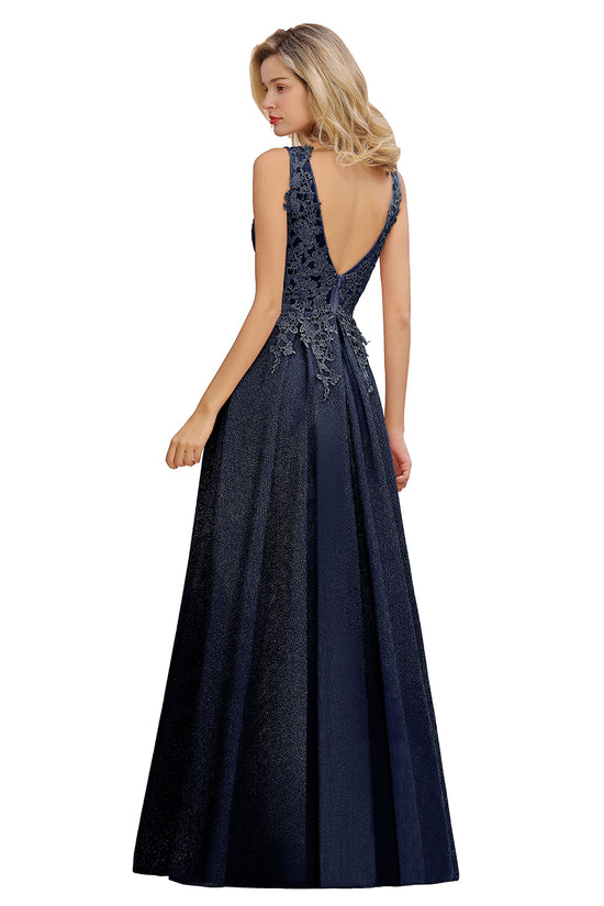 Elegant Long A Line V-Neck Sleeveless Tulle Lace Formal Dress with Appliques