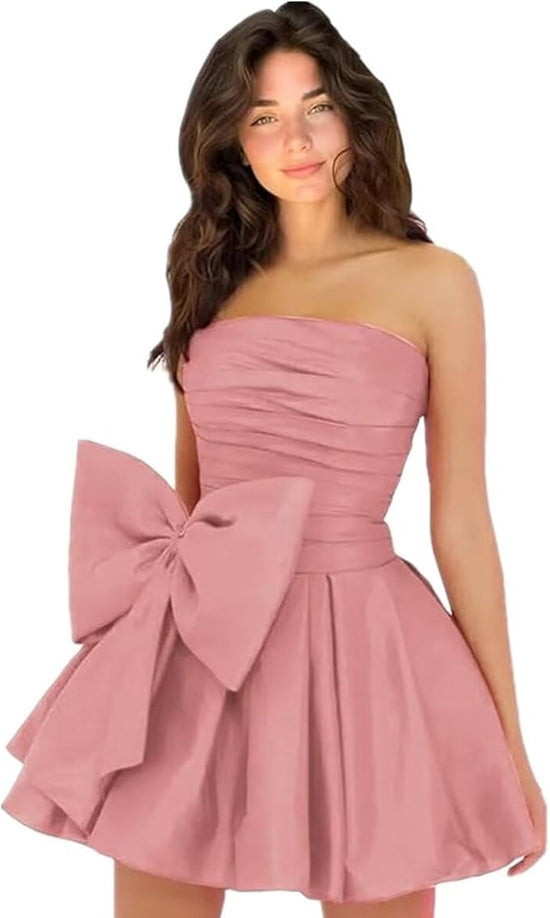 Chic Short Homecoming Dresses A-line Sleeveless Strapless Ruched Lace Up Party Dresses with Bow