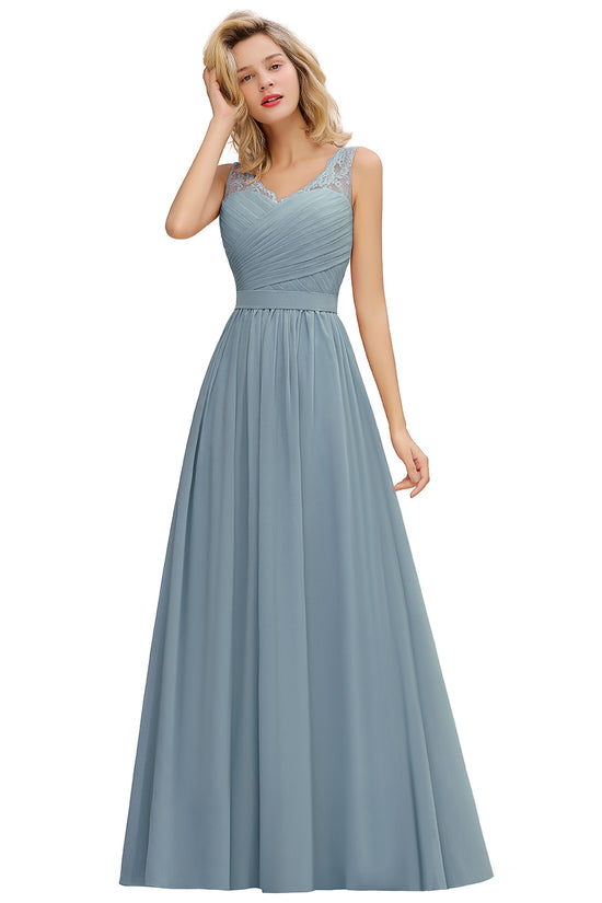 Elegant Long A line V-neck Ruffle Sleeveless Chiffon Bridesmaid Dress