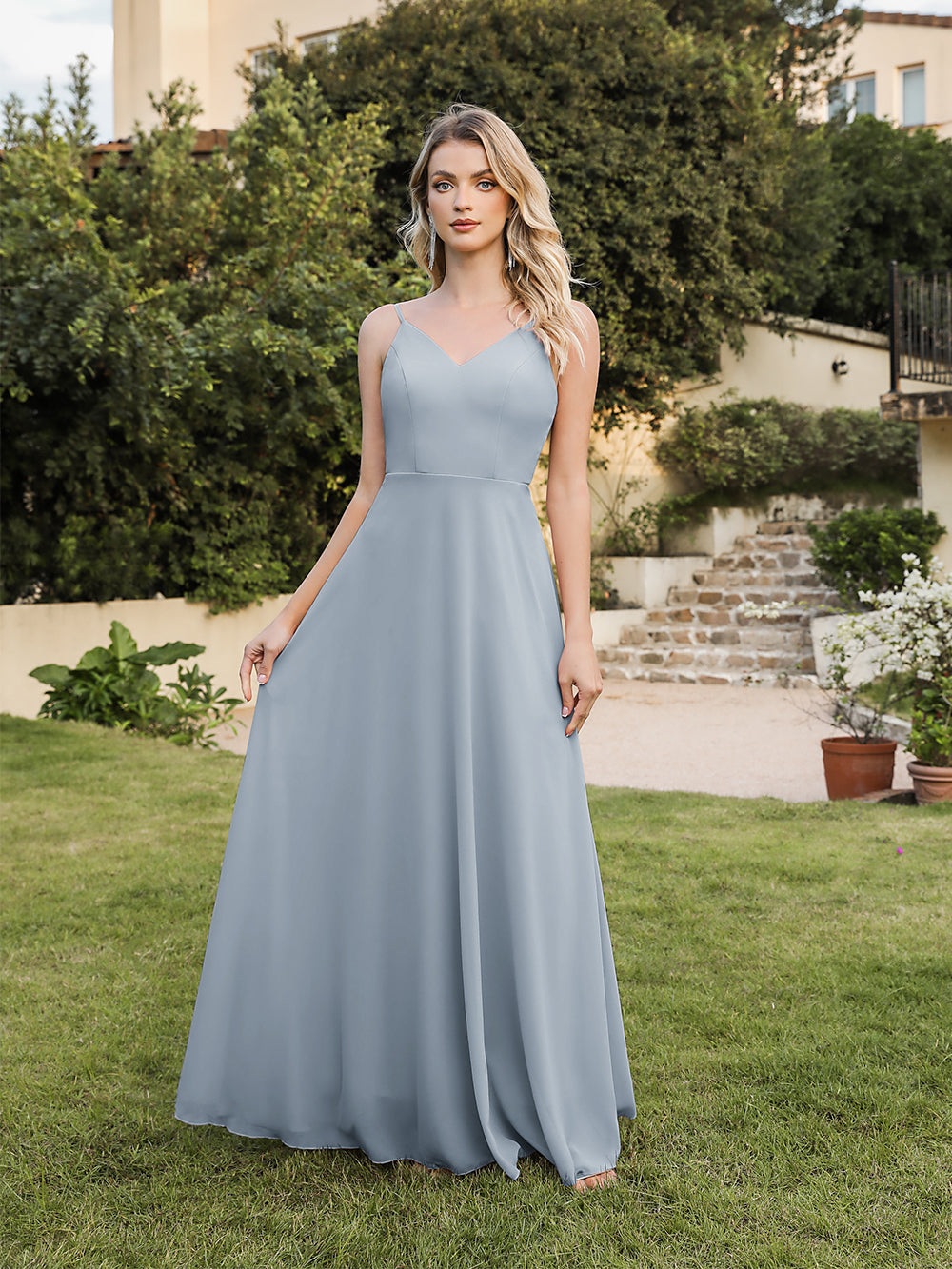 Biztunnel Long A-line V-neck Backless Satin Bridesmaid Dresses