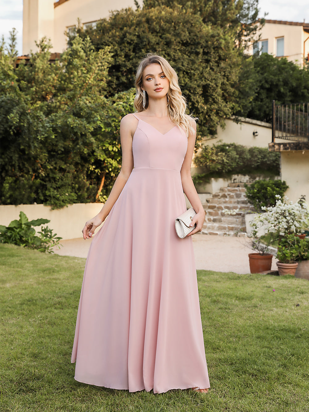 Biztunnel Long A-line V-neck Backless Satin Bridesmaid Dresses