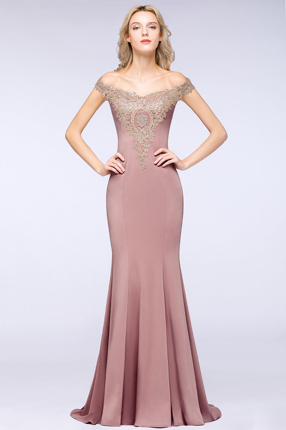 Long Off-the-Shoulder Gold Appliques Floor Length Mermaid Evening Dress