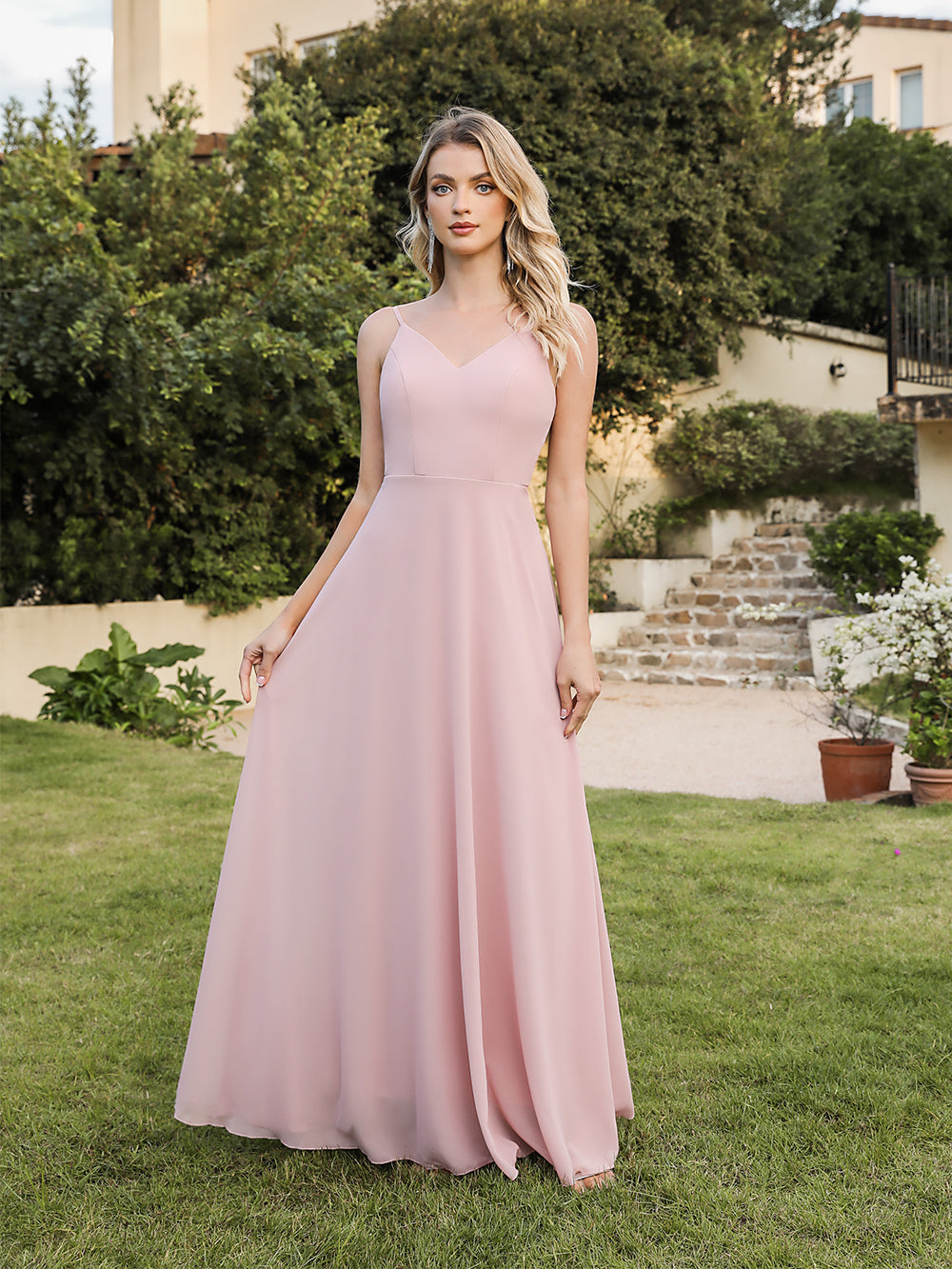 Biztunnel Long A-line V-neck Backless Satin Bridesmaid Dresses