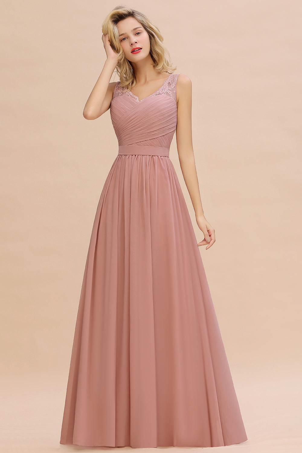 Elegant Long A line V-neck Ruffle Sleeveless Chiffon Bridesmaid Dress