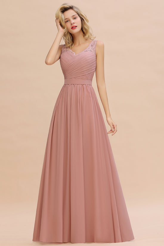 Elegant Long A line V-neck Ruffle Sleeveless Chiffon Bridesmaid Dress