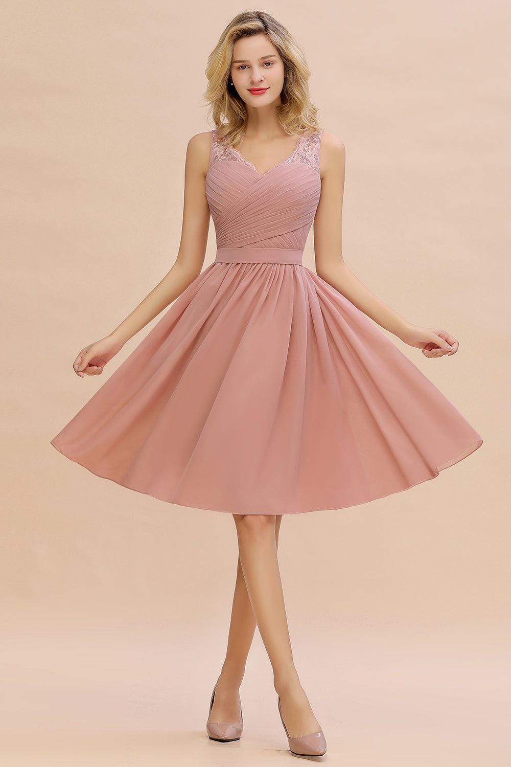 Simple Short A Line V-neck Knee Length Chiffon Bridesmaid Dress