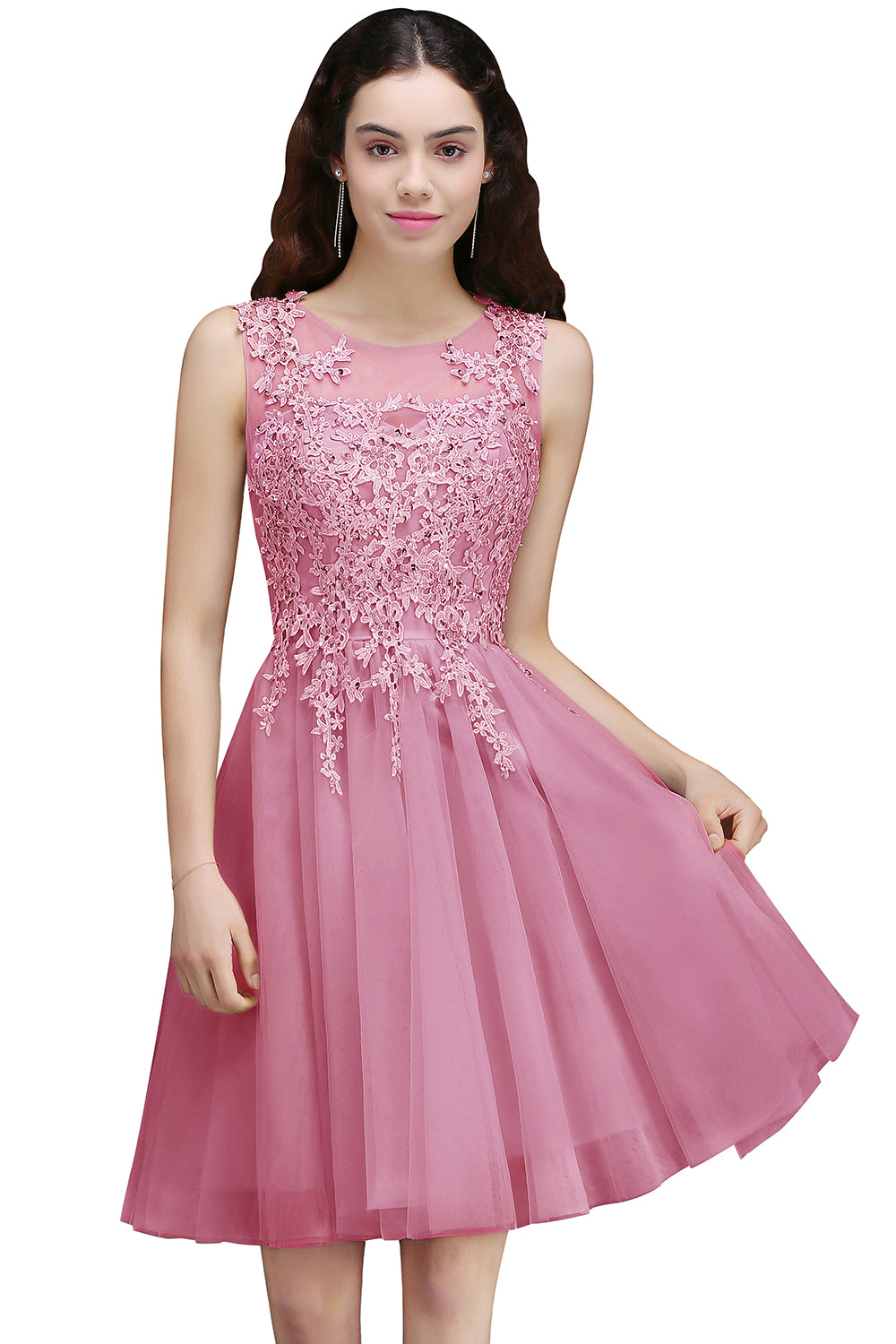 A line Round Neck Tulle Lace Mini Bridesmaid Dress with Appliques Lace