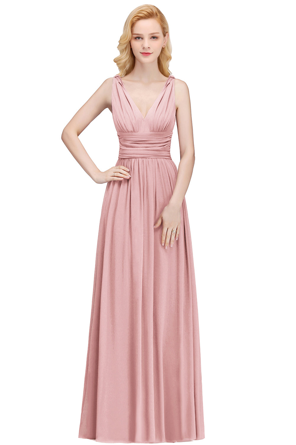 Chiffon V Neck Off The Shoulder Ruffle Floor Length Bridesmaid Dress