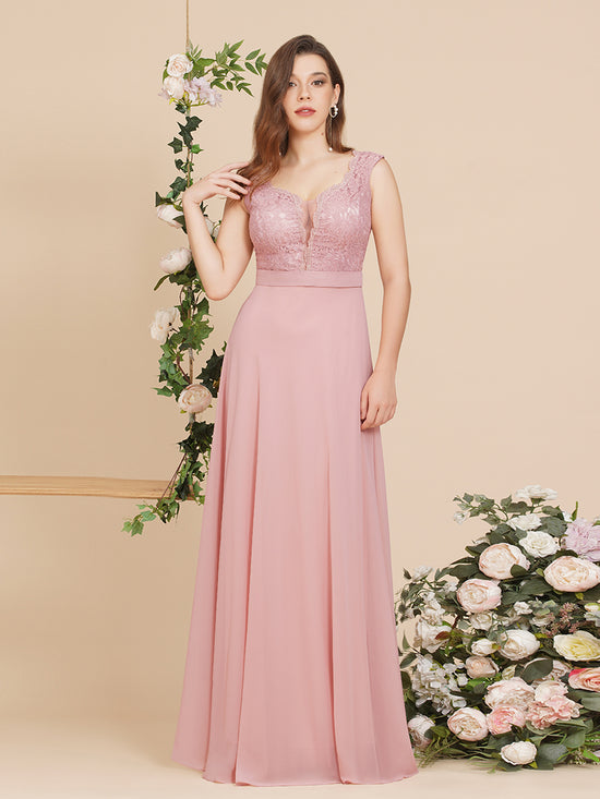 Charming Long A Line Floral Lace Floor Length Sleeveless Chiffon Bridesmaid Dress