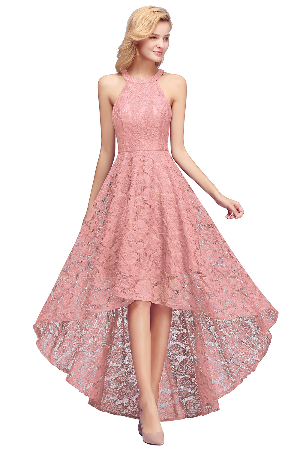 Elegant High Low A Line Halter Lace Evening Formal Dress