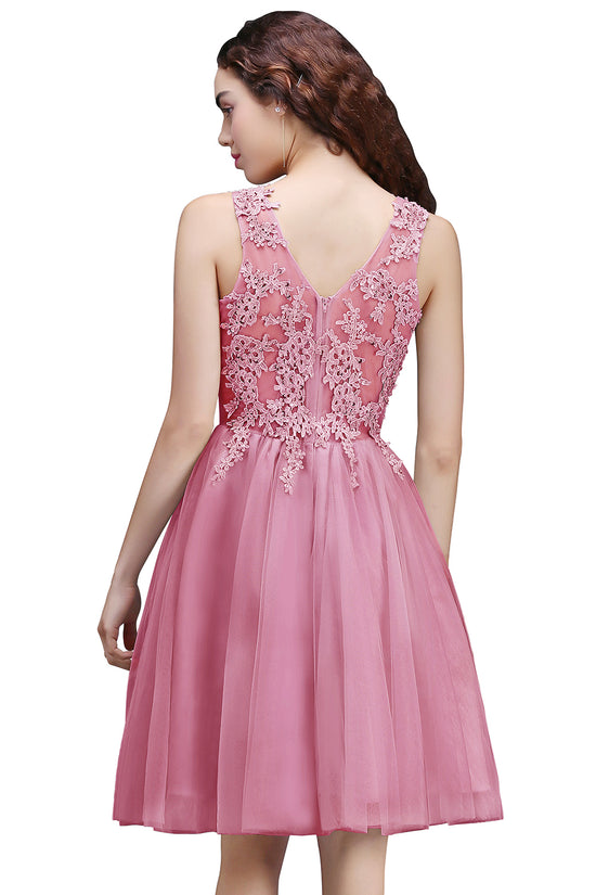 A line Round Neck Tulle Lace Mini Bridesmaid Dress with Appliques Lace