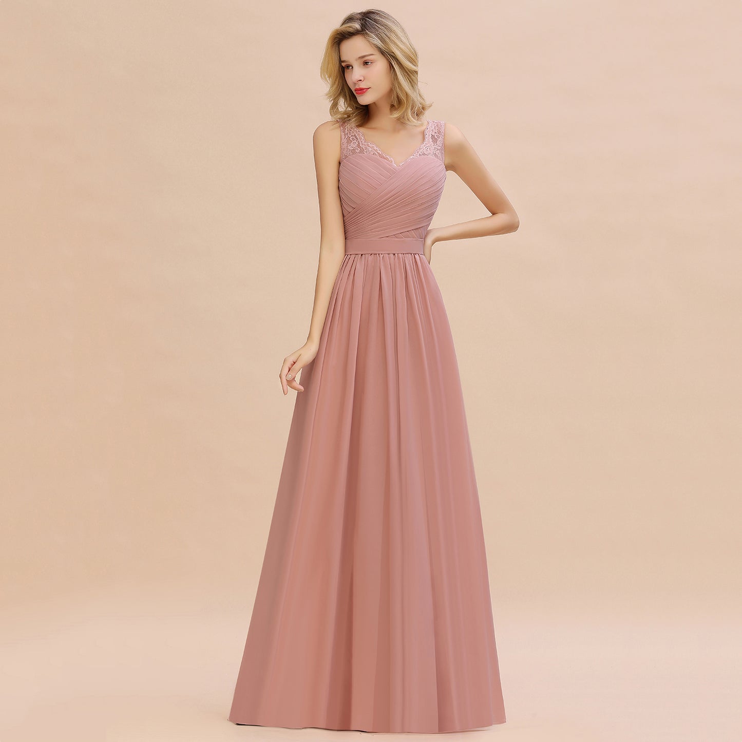 Elegant Long A line V-neck Ruffle Sleeveless Chiffon Bridesmaid Dress