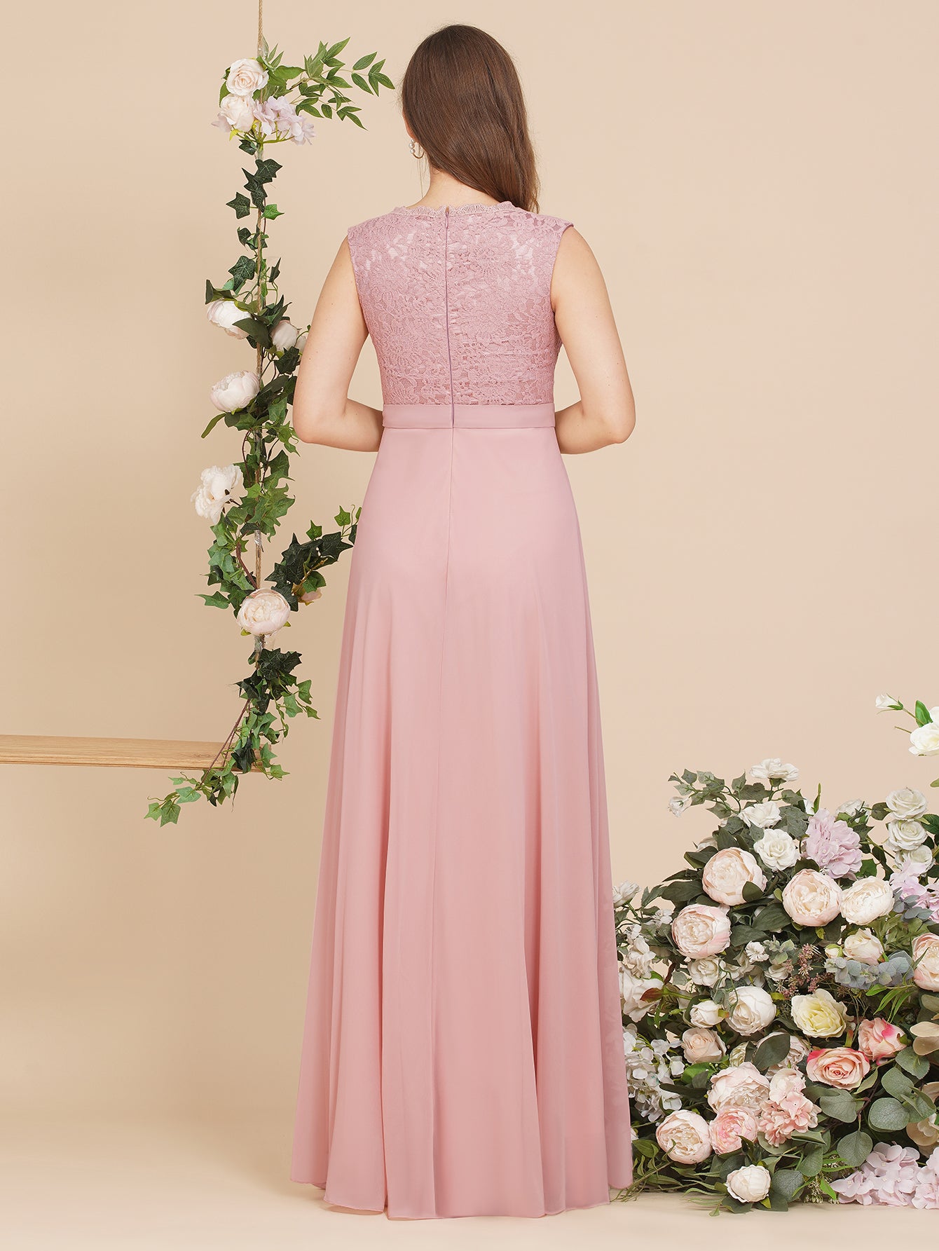 Charming Long A Line Floral Lace Floor Length Sleeveless Chiffon Bridesmaid Dress