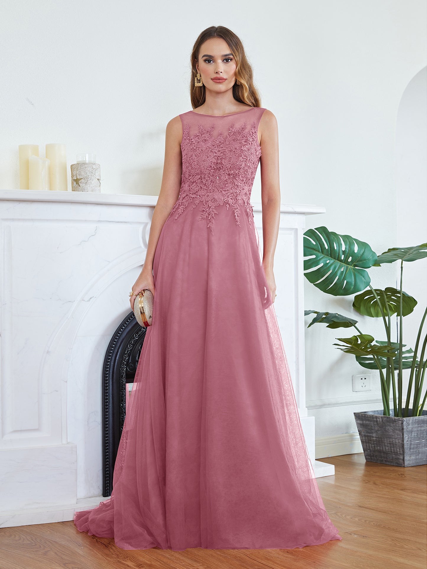 Round Neck Tulle A line Long Sleeveless Lace Appliques Bridesmaid Dress