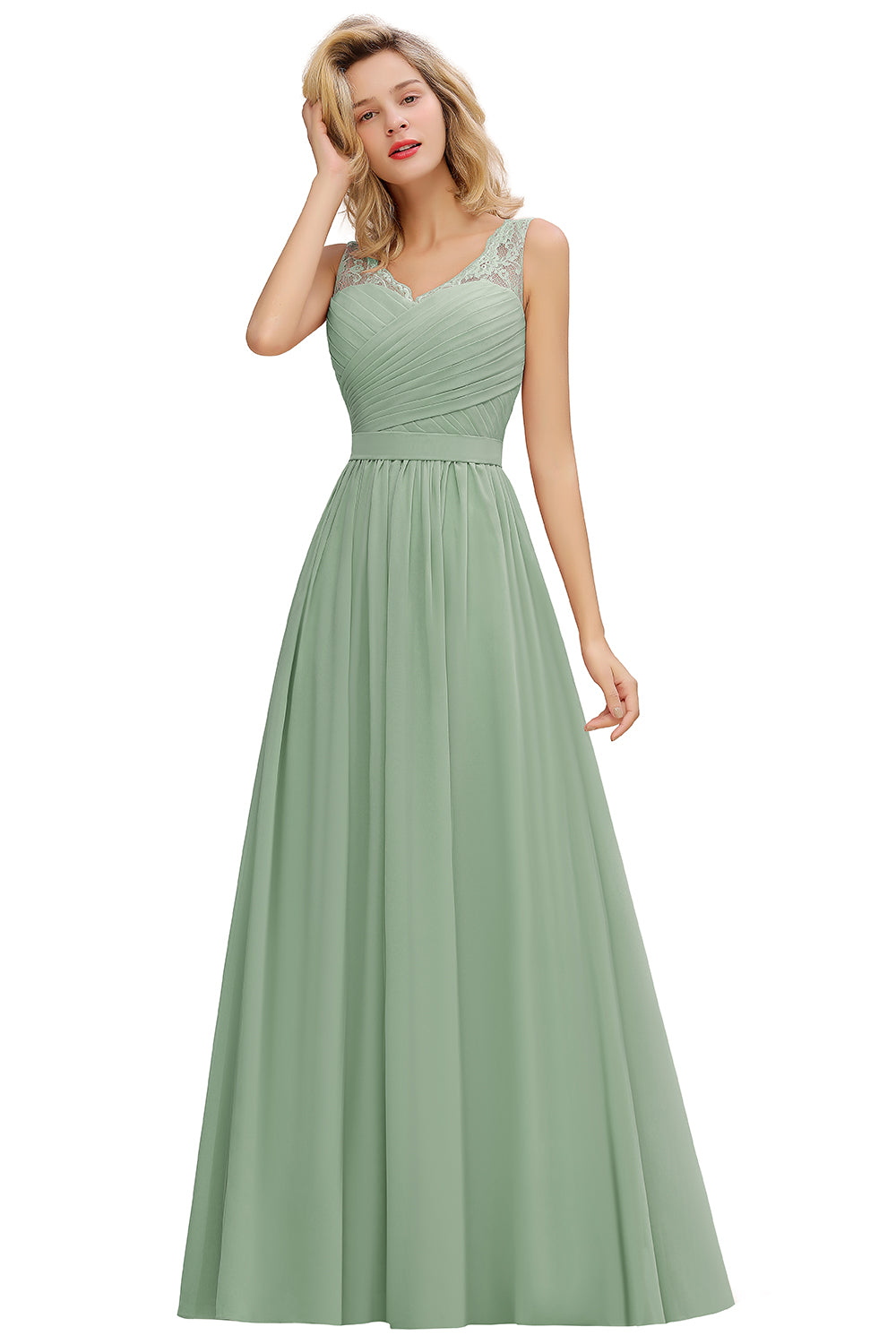 Elegant Long A line V-neck Ruffle Sleeveless Chiffon Bridesmaid Dress