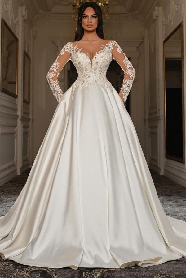 Elegant Long Sleeves A-line Sweetheart Satin Lace Wedding Dresses with Pockets